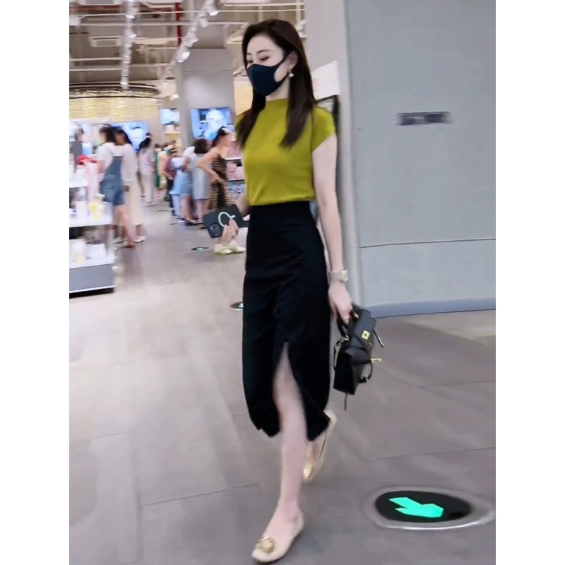 薄款冰丝针织衫简约纯色黑色开叉时尚套装