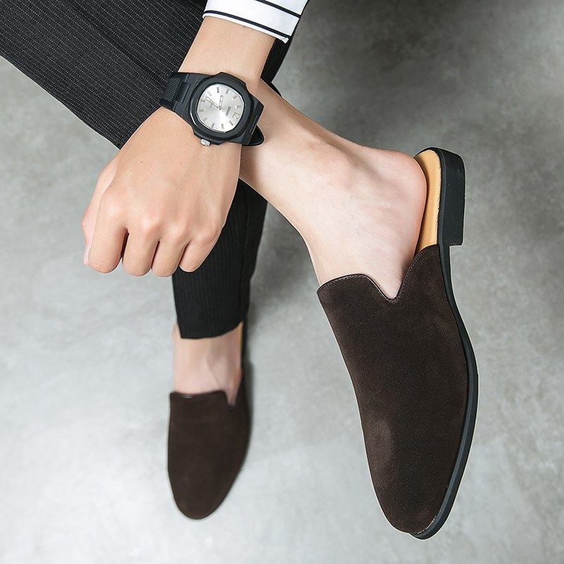 半拖鞋男夏季透气男士黑色豆豆鞋真皮懒人鞋一脚蹬无后跟包头皮鞋,流行男鞋,包头拖,淘宝优惠券,粉丝福利购,淘宝优惠卷