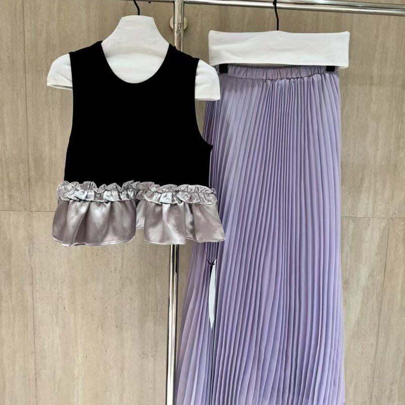 十三行2025春夏气质千金法式别致无袖拼接荷叶边上衣百褶长裙套装