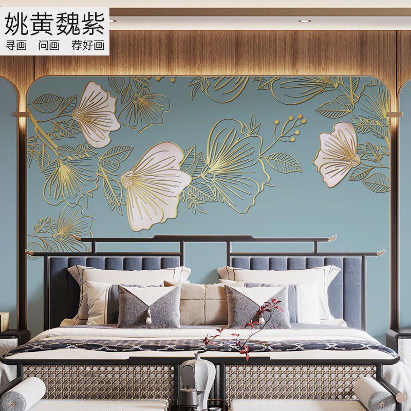 刺绣3d立体感壁画蓝色简约欧式床头壁布独绣美式花朵枝叶满绣墙布