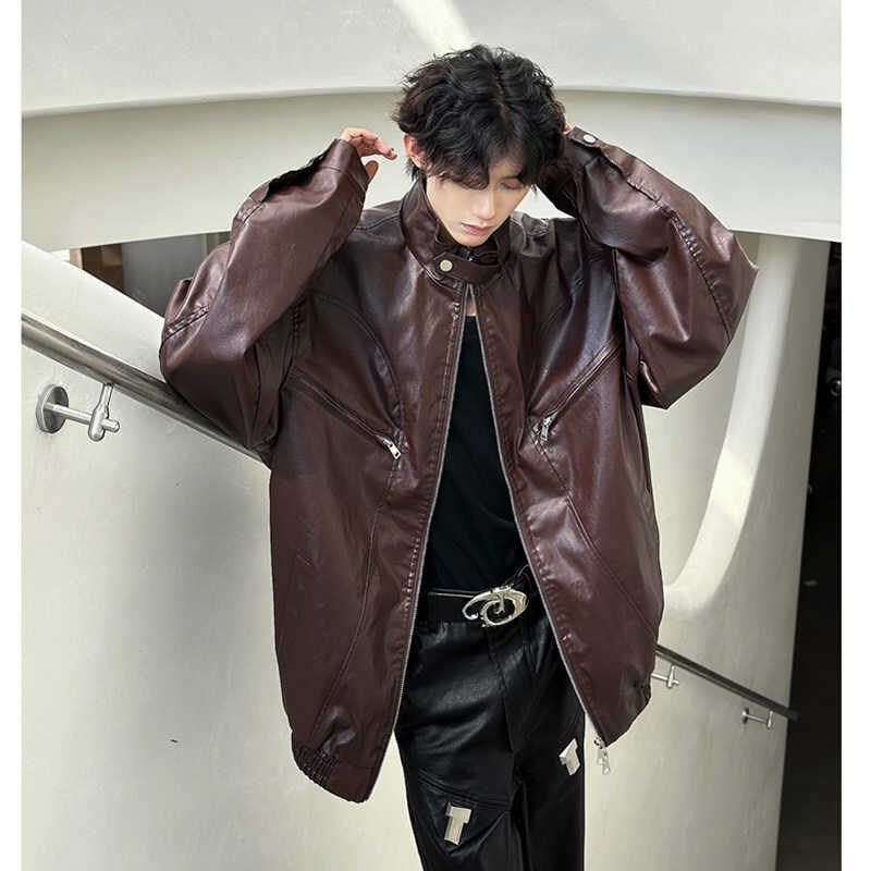 美式复古立领皮衣外套男2024春秋季新款双开拉链口袋宽松pu皮夹克