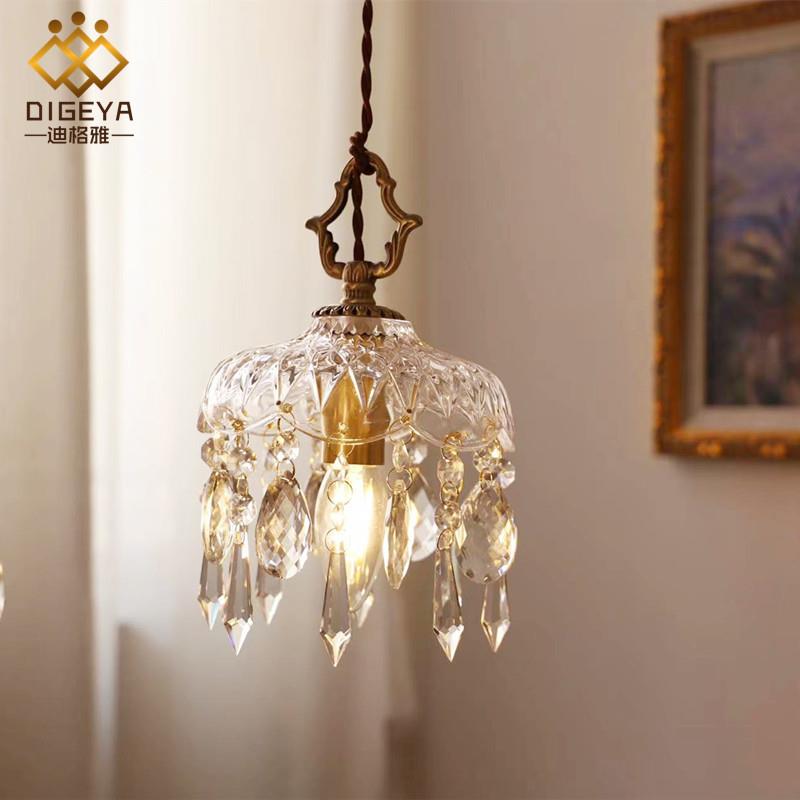 法式黄铜复古水晶小吊灯 入户过道阳台床头吊灯玄关吧台玻璃吊灯