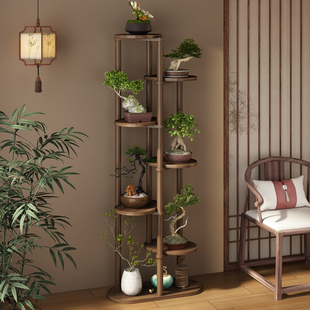 中式花架子置物架阳台客厅落地式多层实木托架不占空间植物摆放架