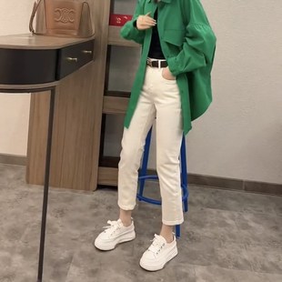 夏季新款小个子后开叉八分烟管牛仔裤女胖mm高腰显瘦白色直筒裤子