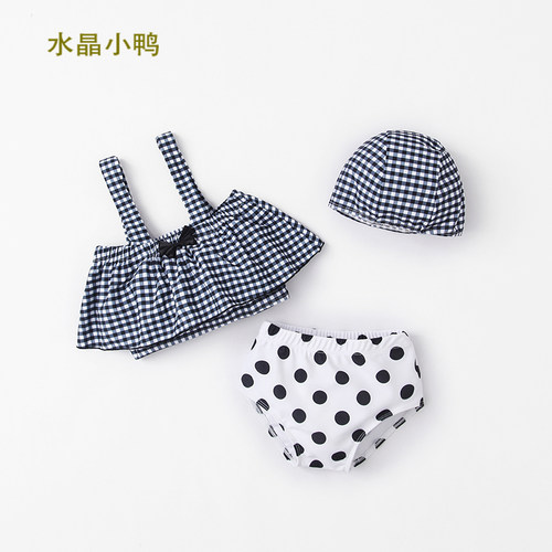 儿童泳衣女孩女童2022新款可爱分体泳衣蝴蝶结格子宝宝游泳衣套装