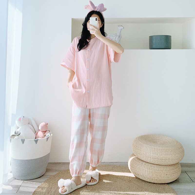短袖长裤格子开衫清新加大码纯棉纱布睡衣女宽松胖MM200斤家居服,女士内衣/男士内衣/家居服,睡衣/家居服套装,淘宝优惠券,粉丝福利购,淘宝优惠卷