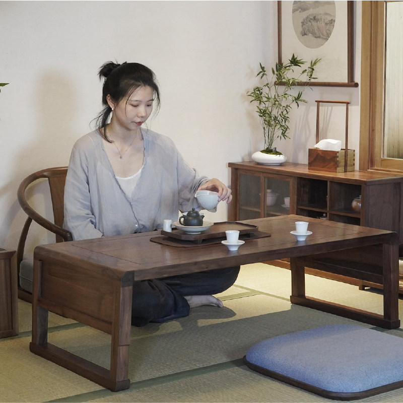 新中式席地茶桌黑胡桃实木禅意榻榻米阳台茶室茶桌椅家具组合,家居饰品,装饰摆件,淘宝优惠券,粉丝福利购,淘宝优惠卷