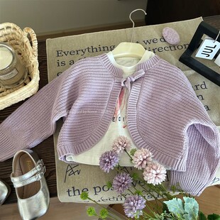 2024女童春季三件套女宝宝紫色显白针织开衫洋气亮片网纱半身裙潮