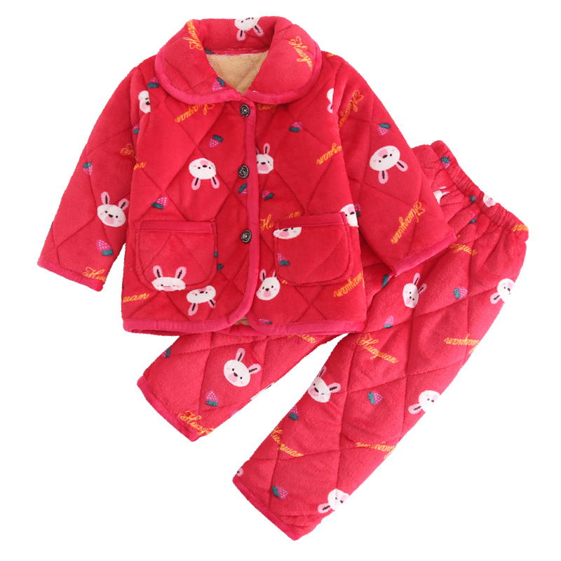 儿童睡衣秋冬加厚款三层夹棉法兰绒女童珊瑚绒女孩保暖家居服套装