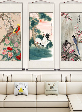 田世光报春图松鹤延年丝绸画卷轴画国画送客户礼品卷轴画定制牡丹