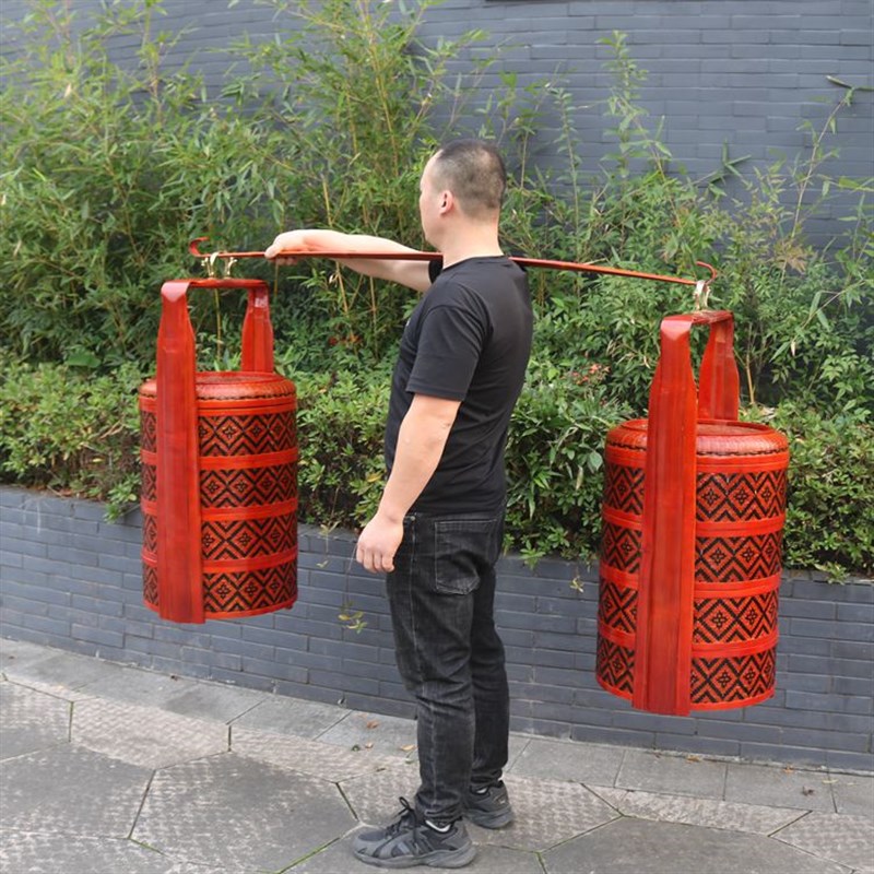 竹编篮子结婚篮子定亲篮子竹制红色婚庆篮带扁担一对喜事篮一担