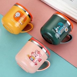 儿童水杯男孩家用女宝宝防摔不锈钢304带盖手柄吸管杯刻度牛奶杯