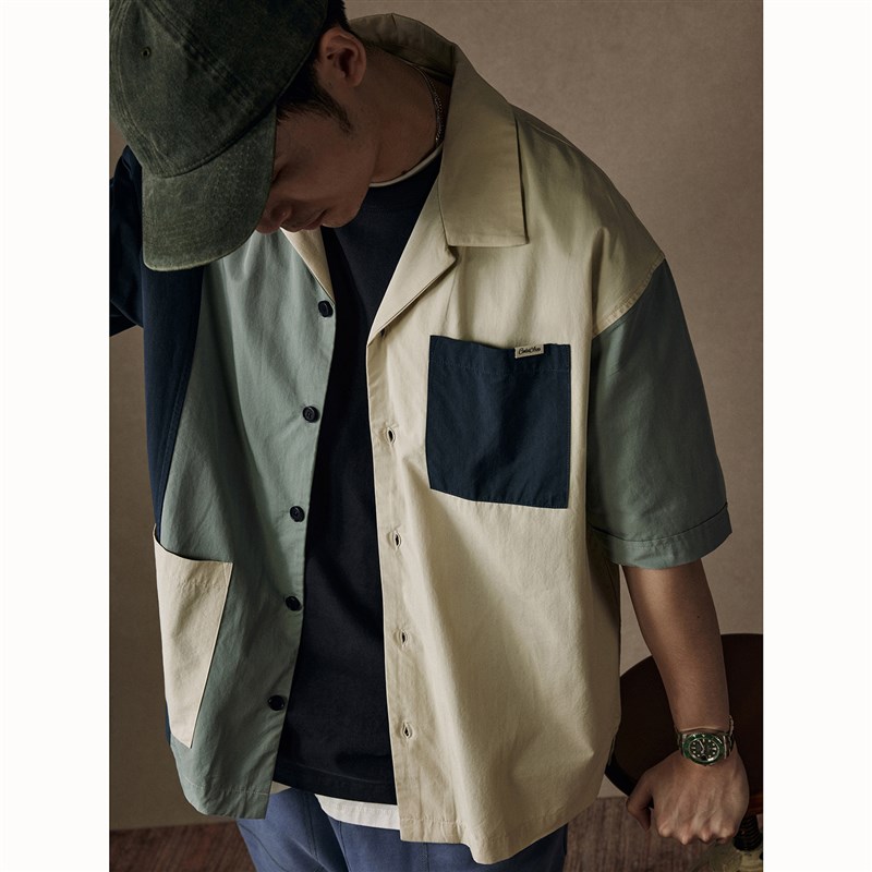 CENLES SS24 美式撞色拼接短袖衬衫男宽松复古休闲古巴领衬衣夏季