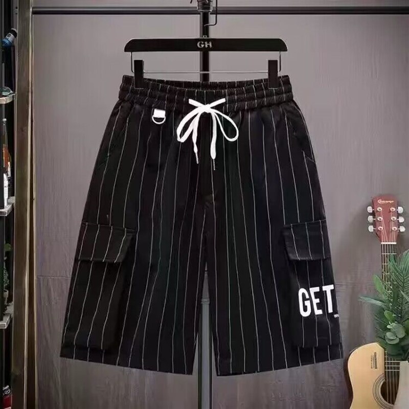 夏季衬衫男短袖条纹宽松七分袖衬衣青年高中学生搭配时尚休闲套装