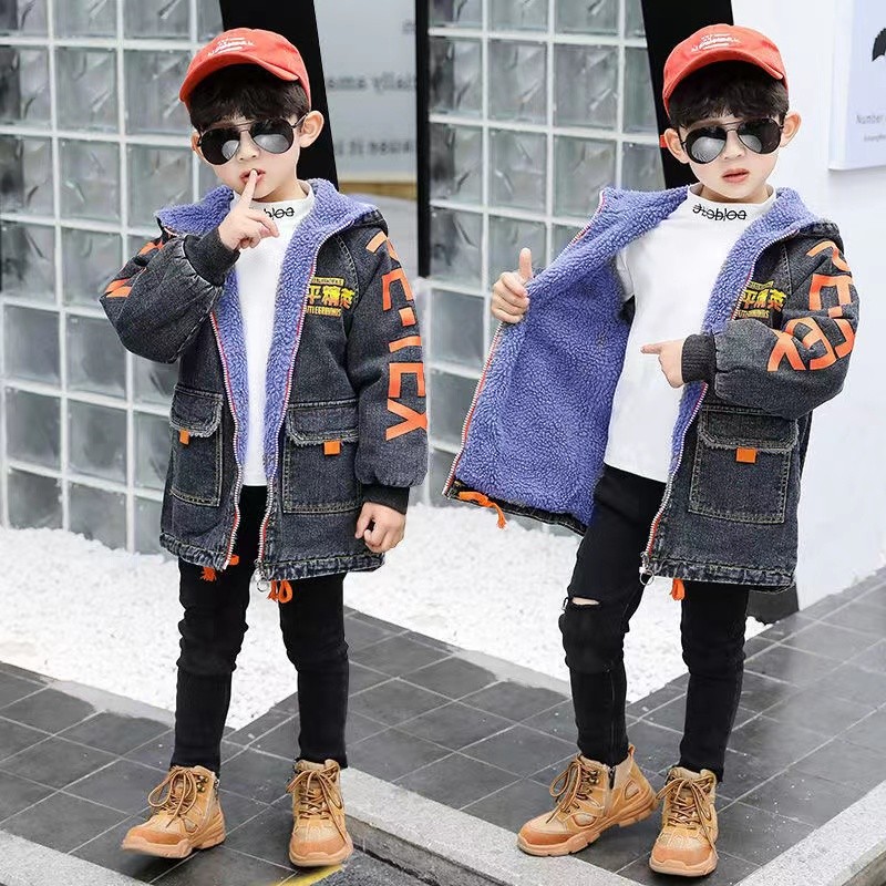 男童外套秋冬加绒加厚2023新款儿童中长款风衣洋气男孩牛仔棉衣潮