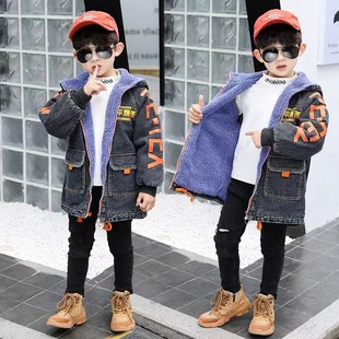 男童外套秋冬加绒加厚2023新款儿童中长款风衣洋气男孩牛仔棉衣潮