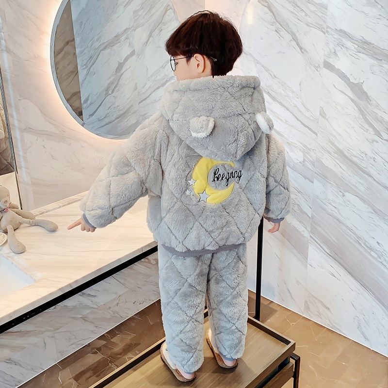 儿童睡衣加厚款男孩秋冬季加绒男童珊瑚绒三层夹棉家居服法兰绒