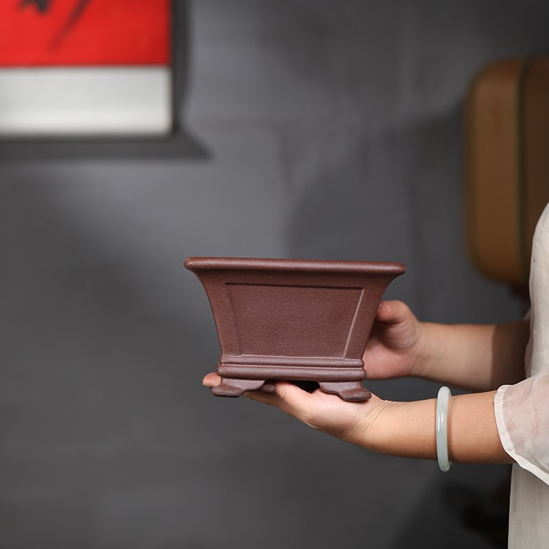 清香阁紫砂 紫泥云足四方斗盆 手工桌面盆景盆 客厅桩子方形花盆