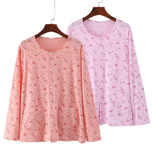 全棉家居汗衫 夏季 线衣中老年妈妈开衫 针织棉女士开襟系扣长袖 薄款