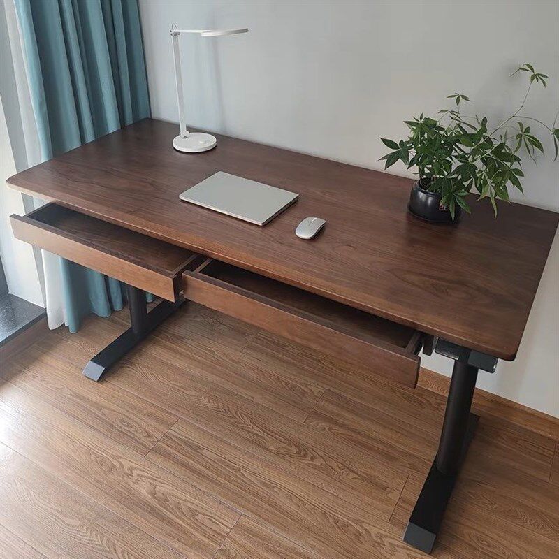 实木升降桌黑胡桃木学习抽屉书桌办公电竞桌子实木桌面面板电脑桌
