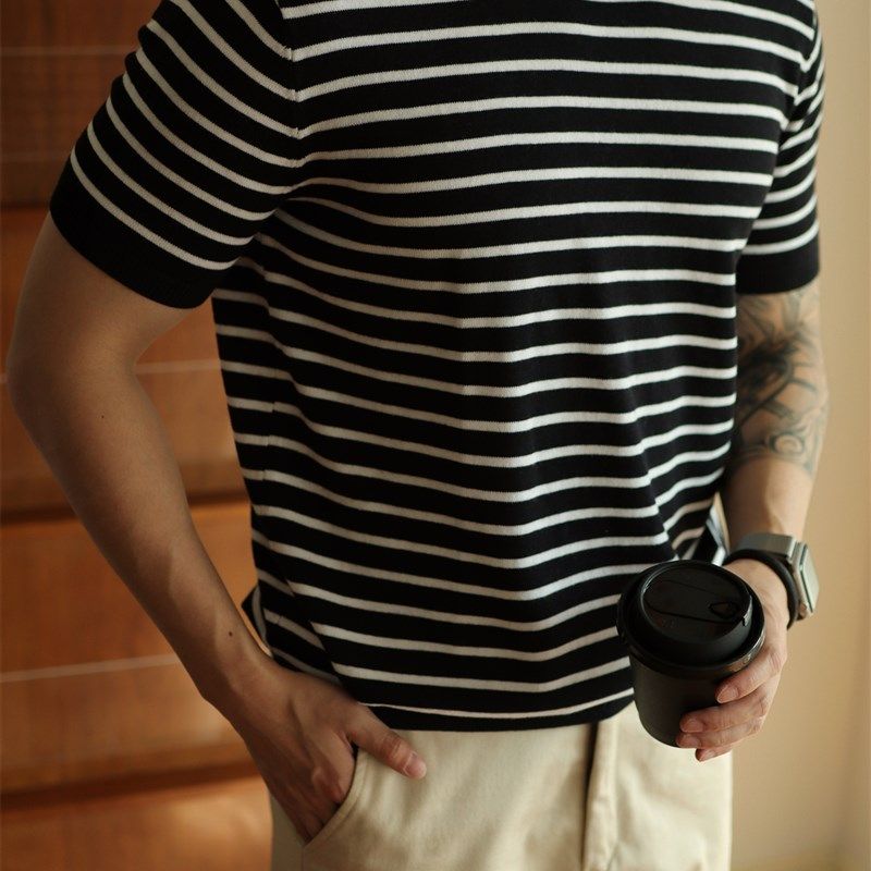 YUXIAN余闲海魂衫纯棉纱针织短袖T恤条纹休闲商务修身男士春夏季