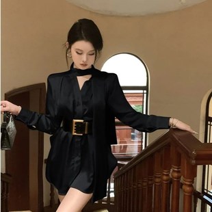 白色缎面衬衫连衣裙女秋季高级感长袖裙子御姐风气质收腰a字短裙