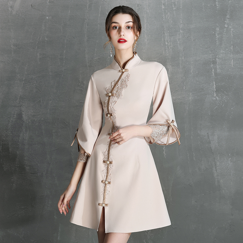 中式伴娘服仙气质2021新款夏季中国风简约长袖旗袍改良版连衣裙女