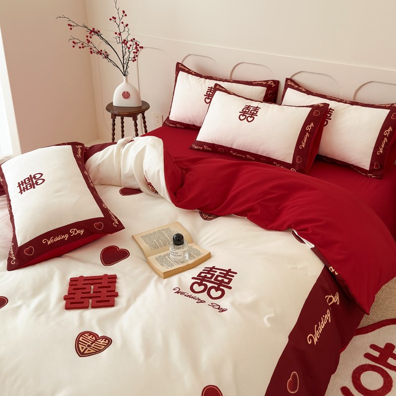 轻奢中式婚庆磨毛四件套大红色被套床单高档结婚床上用品双人喜被