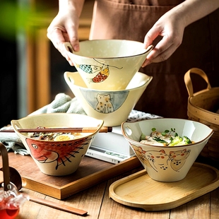 可爱双耳面碗高颜值家用泡面碗可微波漂亮汤面碗蔬菜沙拉碗陶瓷碗
