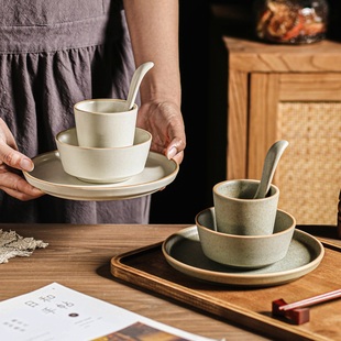 私人会所高档餐具摆台四件套日式碗碟套装餐盘个人专用粗陶碗盘子