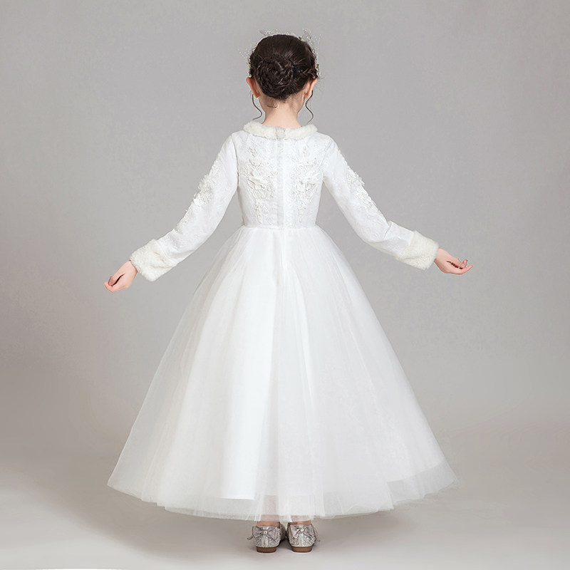 女童加厚加绒礼服公主裙蓬蓬纱长袖白色小花童儿童钢琴演出服冬季