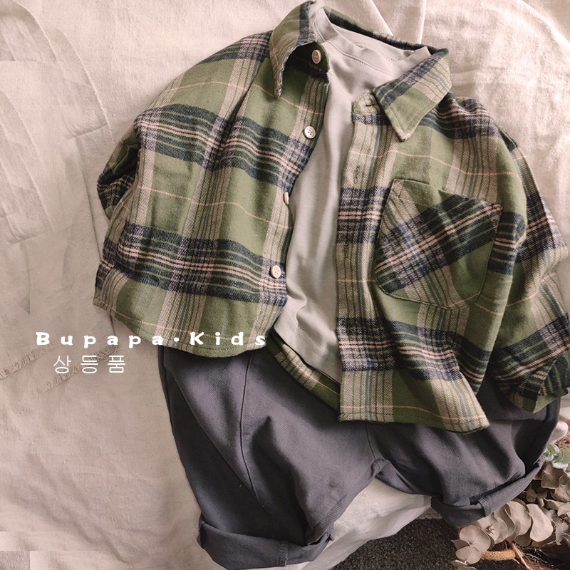 温柔全棉~森系绿格子衬衫 儿童百搭翻领长袖衬衣男女宝宝春秋休闲