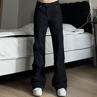 奶尤大大 美式街头黑色修身微喇牛仔裤男女vibe显瘦长裤情侣冬季