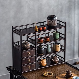 新桌面带抽屉博古架办公室茶具置物架茶壶架紫砂壶摆件展示收纳架