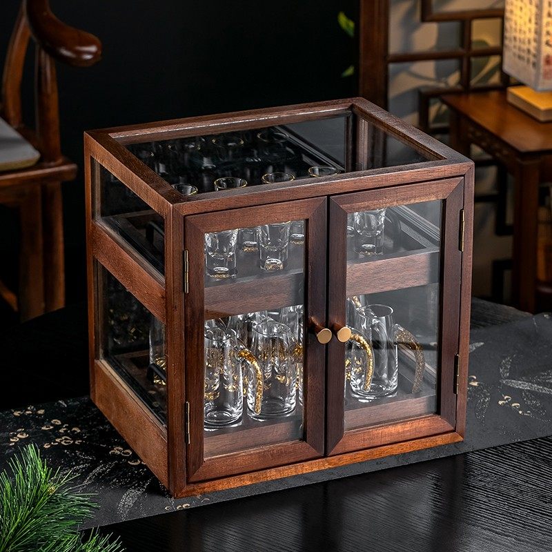 高档家用金箔白酒杯套装分酒器双层玻璃实木木盒收纳酒柜一口杯