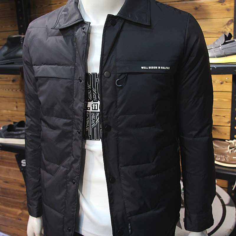 冬装男衬衣羽绒夹克简约净版拼接拉链口袋时尚青年修身羽绒服轻薄