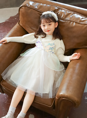 女童假两件毛衣纱裙童装2021秋季亮片公主裙儿童毛线衣拼接网纱裙