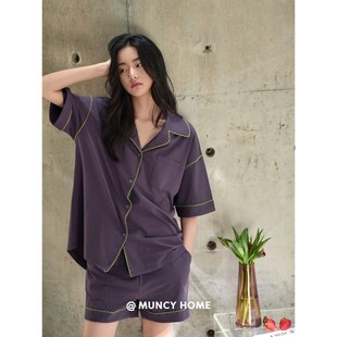 曼系夏日C位紫色柔软棉显白睡衣女夏季薄款短袖开衫气质套装