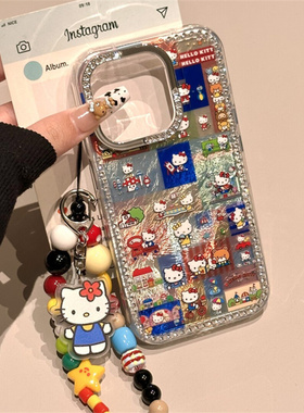 彩色方格KT插画满屏闪粉KT猫适用于iPhone16promax手机壳新款iPhone15pro创意14pro个性13pro小众16pro保护套