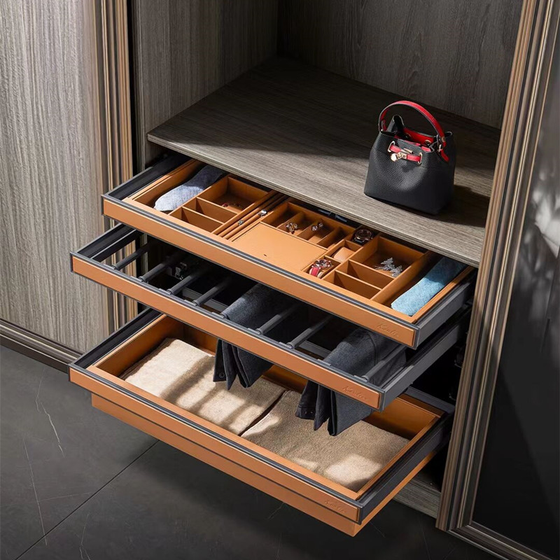 衣柜拉篮抽屉式首饰盒抽拉裤架内置衣帽间收纳伸缩五金皮革格子抽