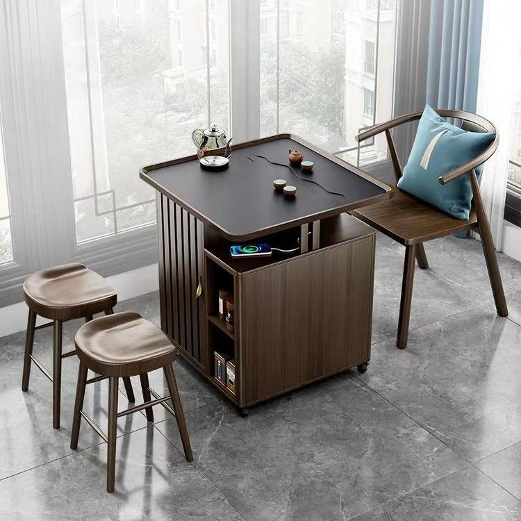 新中式阳台茶桌小户型小茶台家用实木岩板移动带轮茶车茶桌椅实用