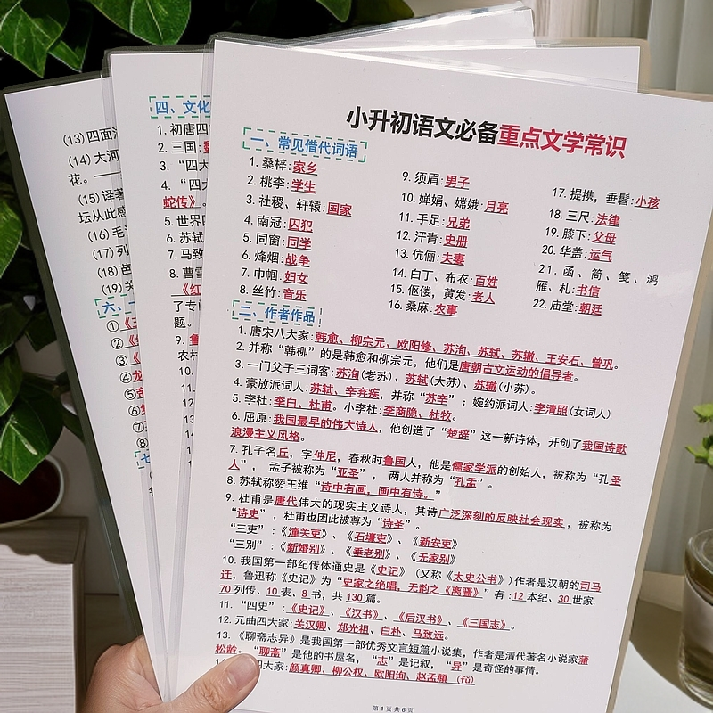 小升初语文期末文学常识知识点归纳总结复习备考训练A4塑封防水卡