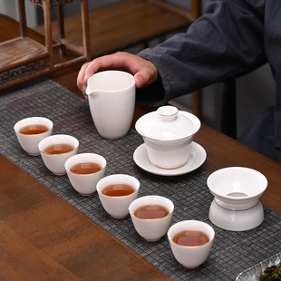家用泡茶杯办公室会客厅骨瓷盖碗 羊脂玉德化白瓷陶瓷功夫茶具套装