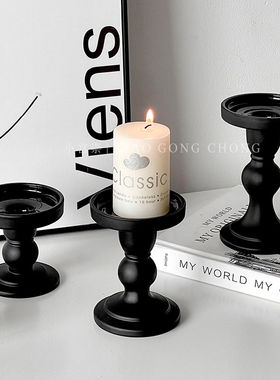 复古黑色罗马柱蜡烛烛台玻璃摆件家用法式高级感中古香薰底座
