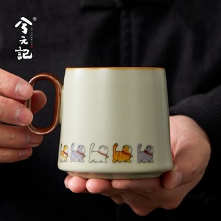 记汝窑马克杯家用陶瓷水杯咖啡杯办公室茶杯高颜值猫咪杯子 兮元