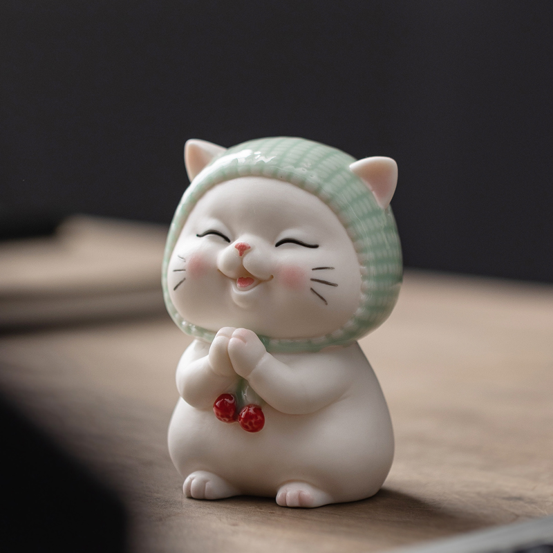 可爱卡通陶瓷招财许愿猫咪小摆件客厅办公室桌面装饰汽车载工