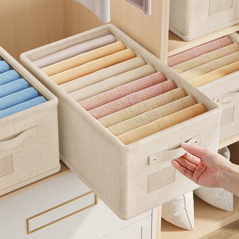 加厚棉麻衣物收纳箱储物盒衣柜分层神器可折叠裤子衣服整理筐布艺