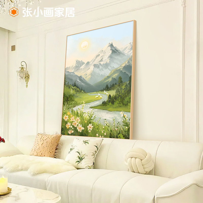 客厅装饰画沙发背景墙挂画原木奶油风日照金山玄关壁画山水画
