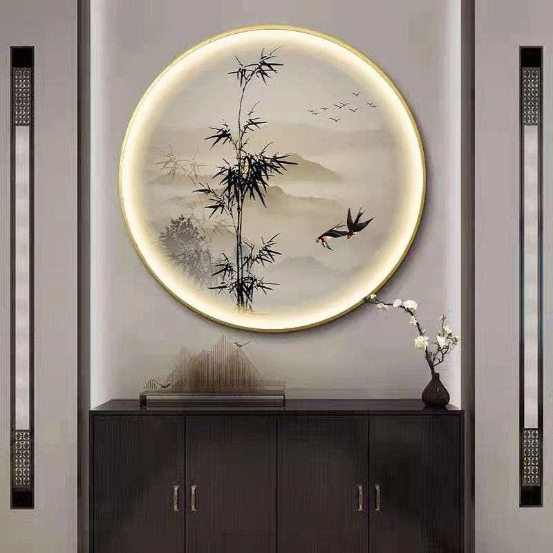 新中式LED灯圆形山水画茶室客厅沙发走廊餐厅楼梯禅意玄关装饰画图片