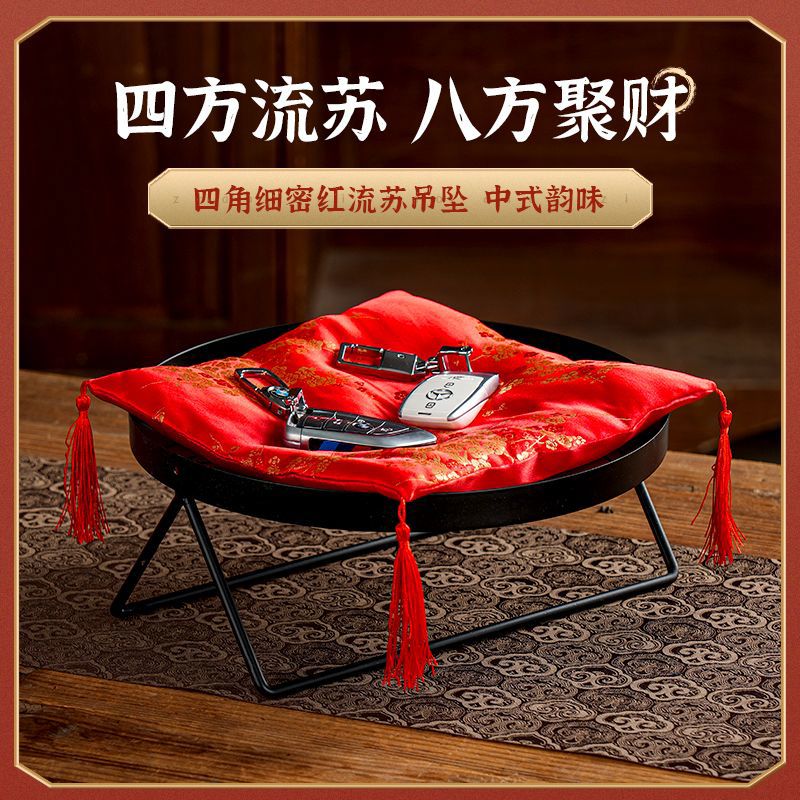 DIY刺绣喜庆红布垫钥匙防护垫招财猫座垫高档摆件定制聚财红
